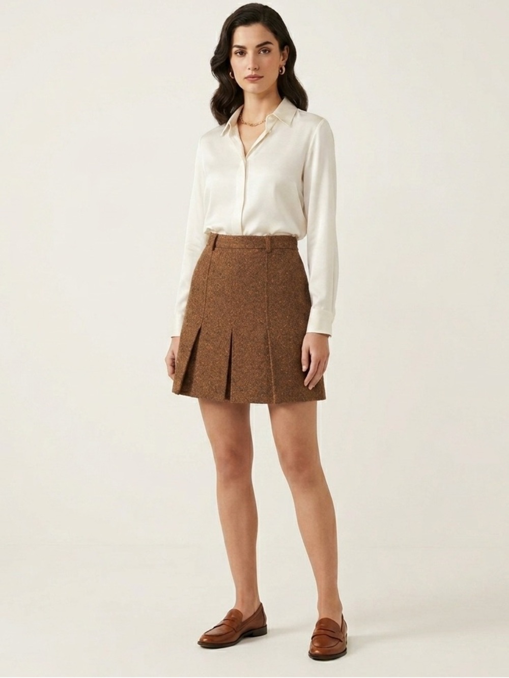 Weekend MaxMara Brown Wool Blend Tweed Pleated A-Line Skirt made in Italy Size 8